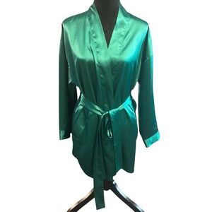Vintage Victoria's Secret Gold Label Teal Jewel Green Satin Floral Robe Size O/S